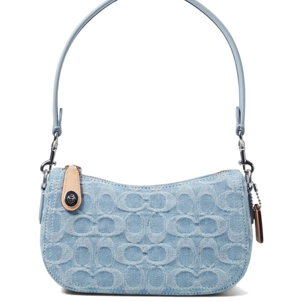 Coach Light Blue Swinger Denim Signature Shoulder Bag with Tan Accent NWT
